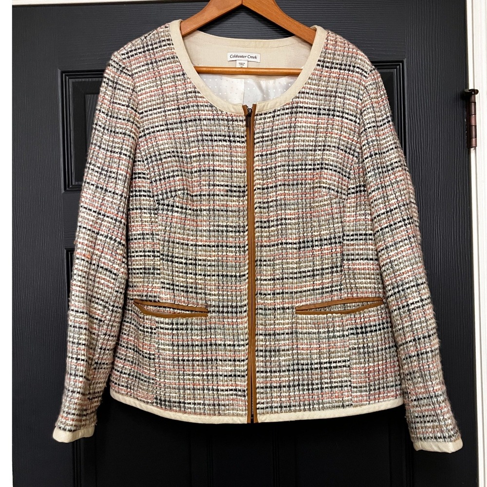 Coldwater Creek Tweed Blazer Jacket Women's Size 14 Tan Multi Color Zipper Front - Picture 2 of 8